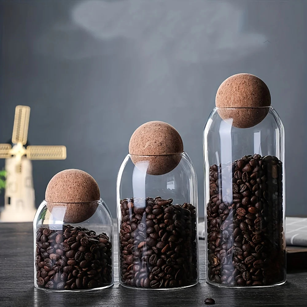 3Pcs/Set Glass Storage Jar with Ball Cork Lid, Clear Glass Canisters with Cork Ball, Cute Decorative round Glass Bottles with Ai