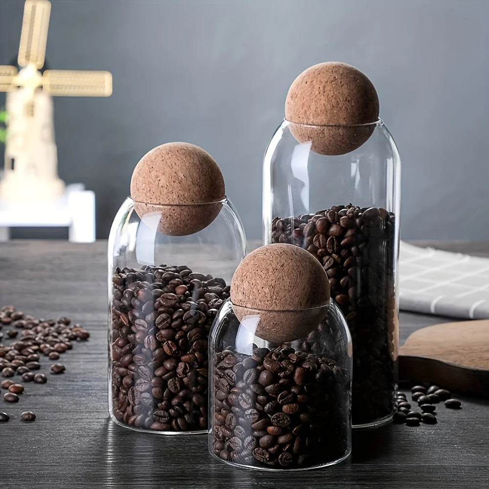 3Pcs/Set Glass Storage Jar with Ball Cork Lid, Clear Glass Canisters with Cork Ball, Cute Decorative round Glass Bottles with Ai