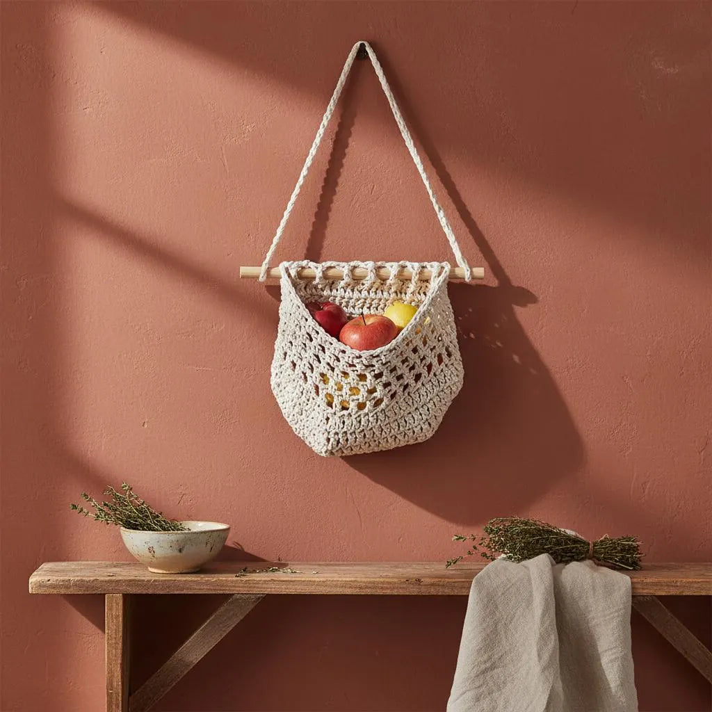 Makramee-Obstkorb-Wandbehang, 3-Tier Boho-Küchenorganisator, Hanf-Baumwollseil