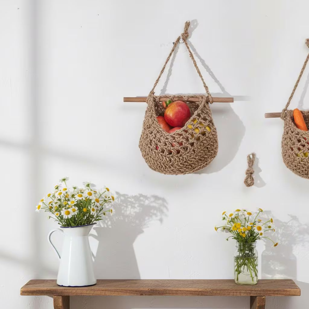 Makramee-Obstkorb-Wandbehang, 3-Tier Boho-Küchenorganisator, Hanf-Baumwollseil