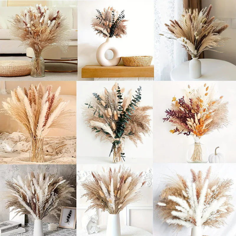 80PCS Natural Dried Flowers Bouquet Pampas Grass Bunny Tail Grass Boho Home Wedding Decor Reeds Eucalyptus Floral Arrangement