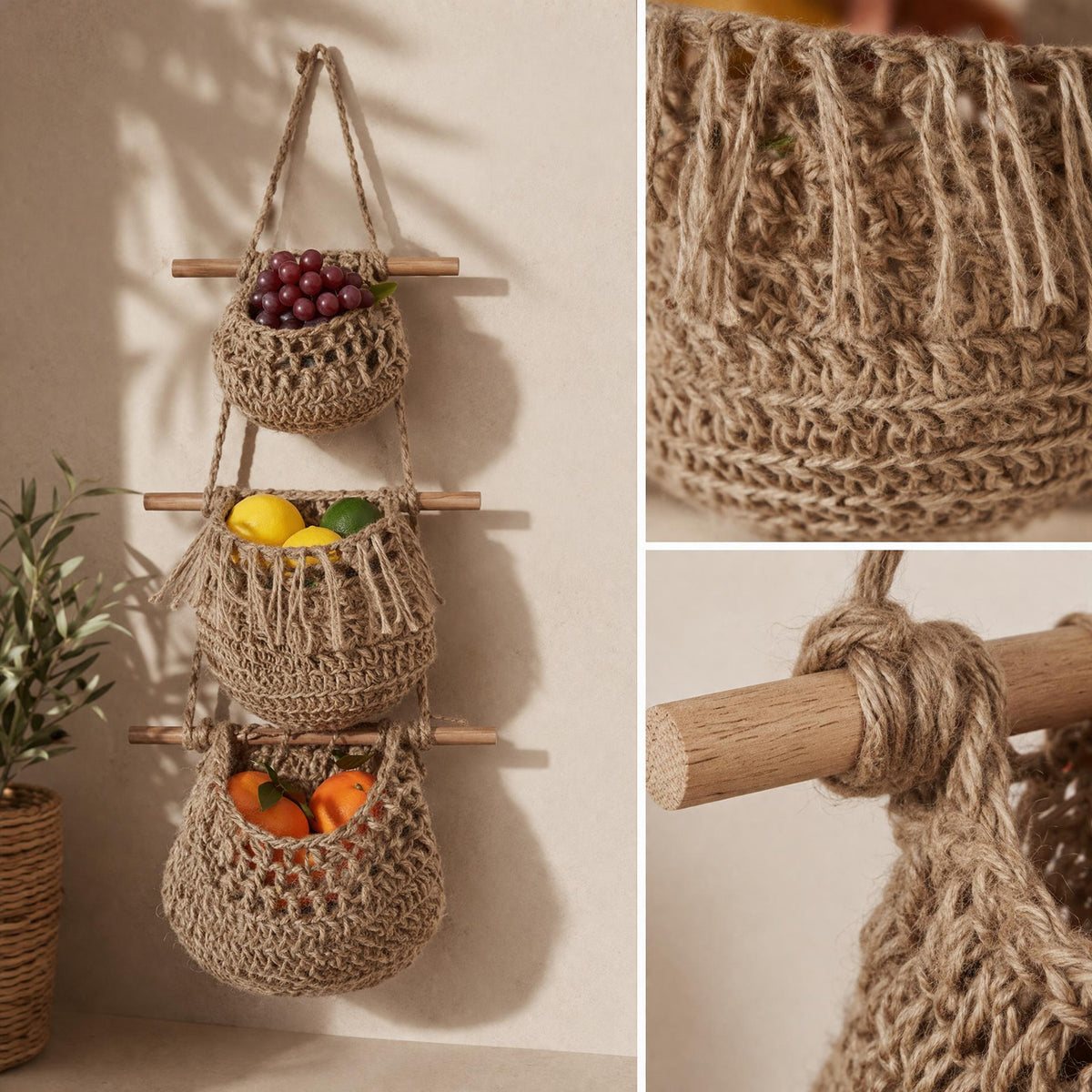 Makramee-Obstkorb-Wandbehang, 3-Tier Boho-Küchenorganisator, Hanf-Baumwollseil