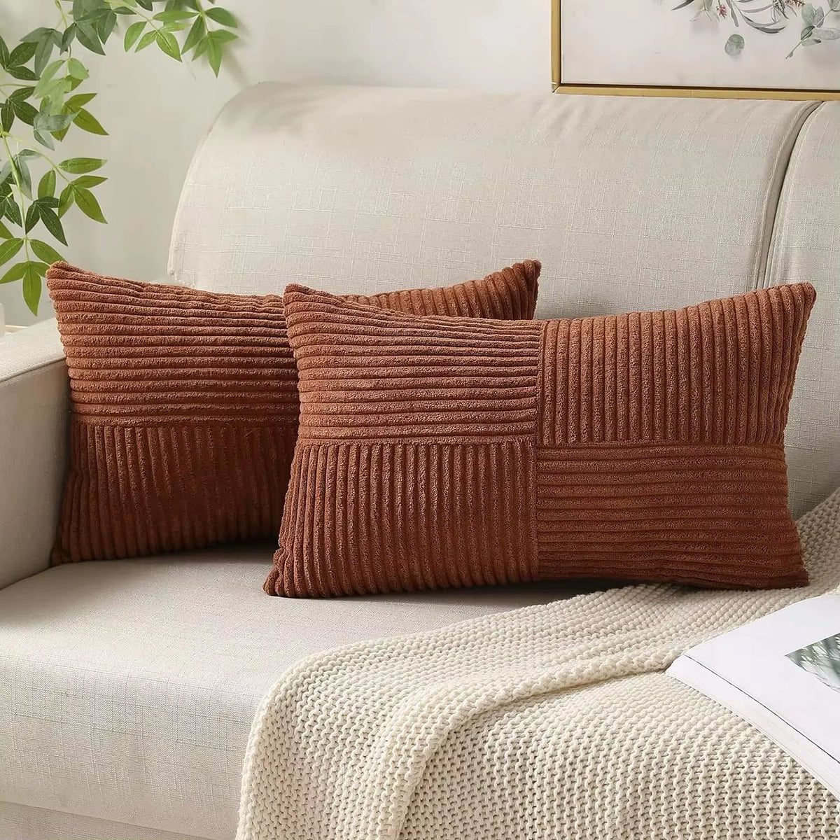 Textured Striped Patchwork Corduroy Throw Pillowcase for Lumbar Pillow Covers 12X20 Inches Cushion Cases Farmhouse Boho Decor
