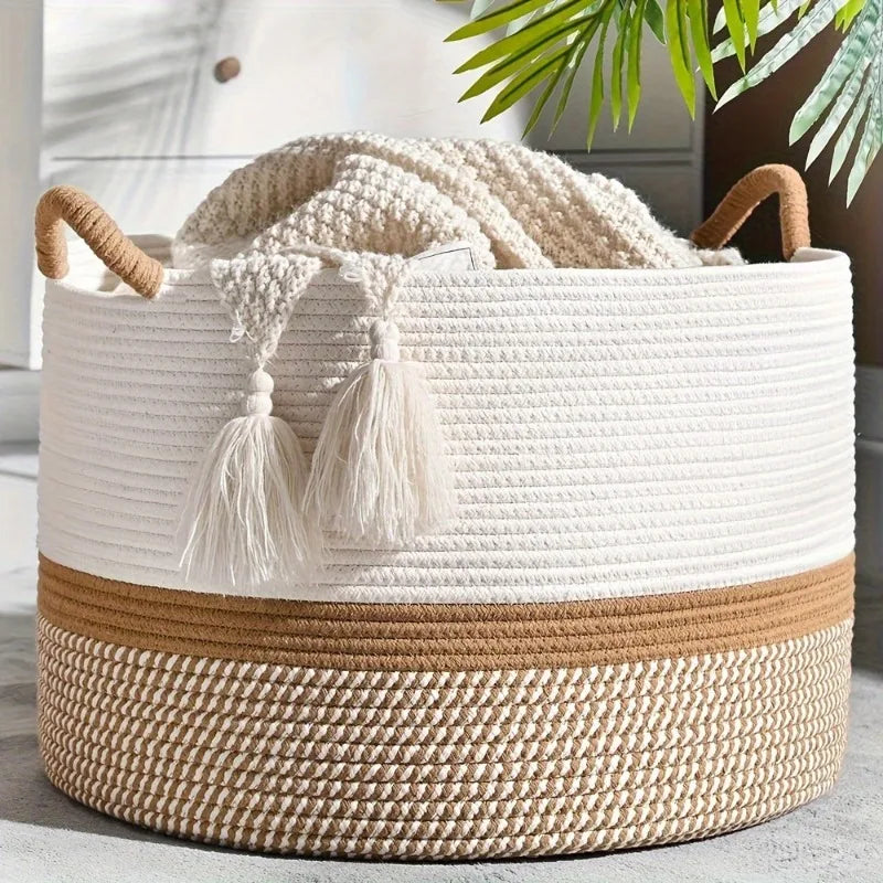 King-Size Woven Storage Basket Living Room Cotton Rope Blanket Basket Household Wicker Laundry Basket Storage Basket