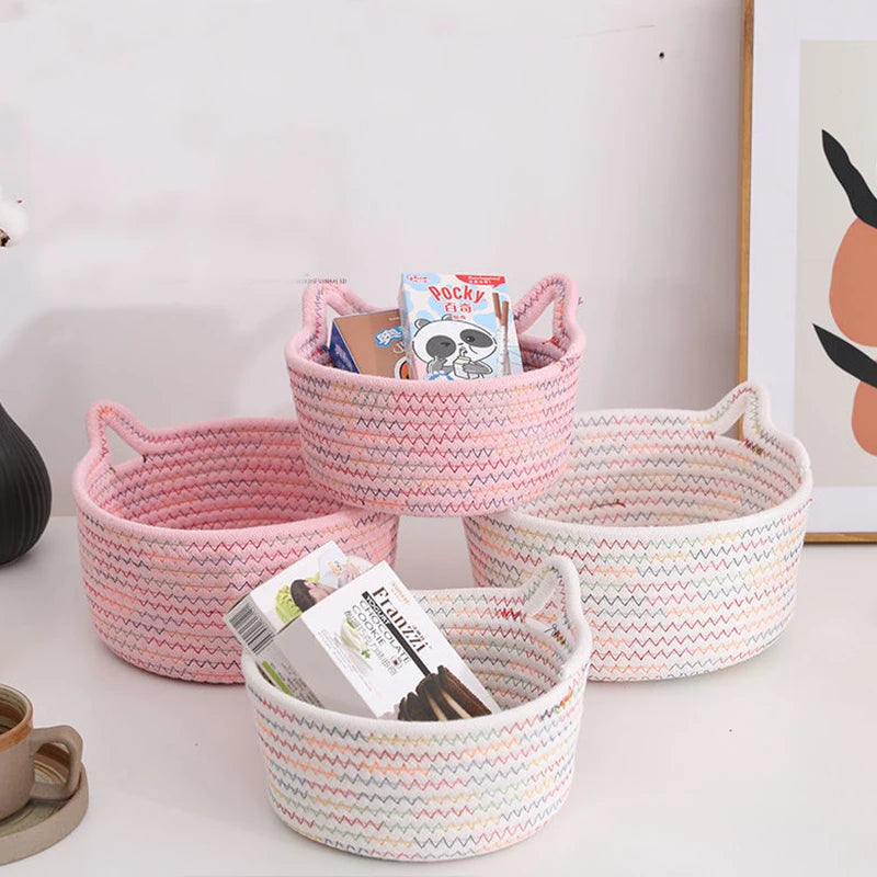 Cotton Thread Basket Woven Basket Storage Basket Desktop Storage Home Storage Suppliescat Ears round Storage Basket
