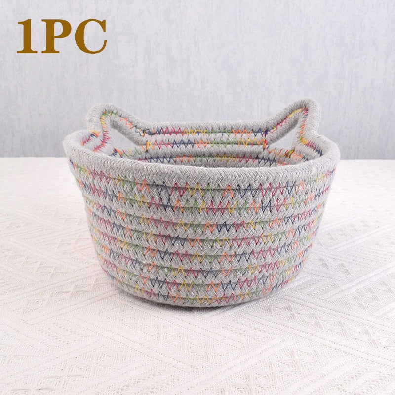 Cotton Thread Basket Woven Basket Storage Basket Desktop Storage Home Storage Suppliescat Ears round Storage Basket