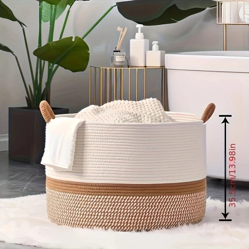 King-Size Woven Storage Basket Living Room Cotton Rope Blanket Basket Household Wicker Laundry Basket Storage Basket