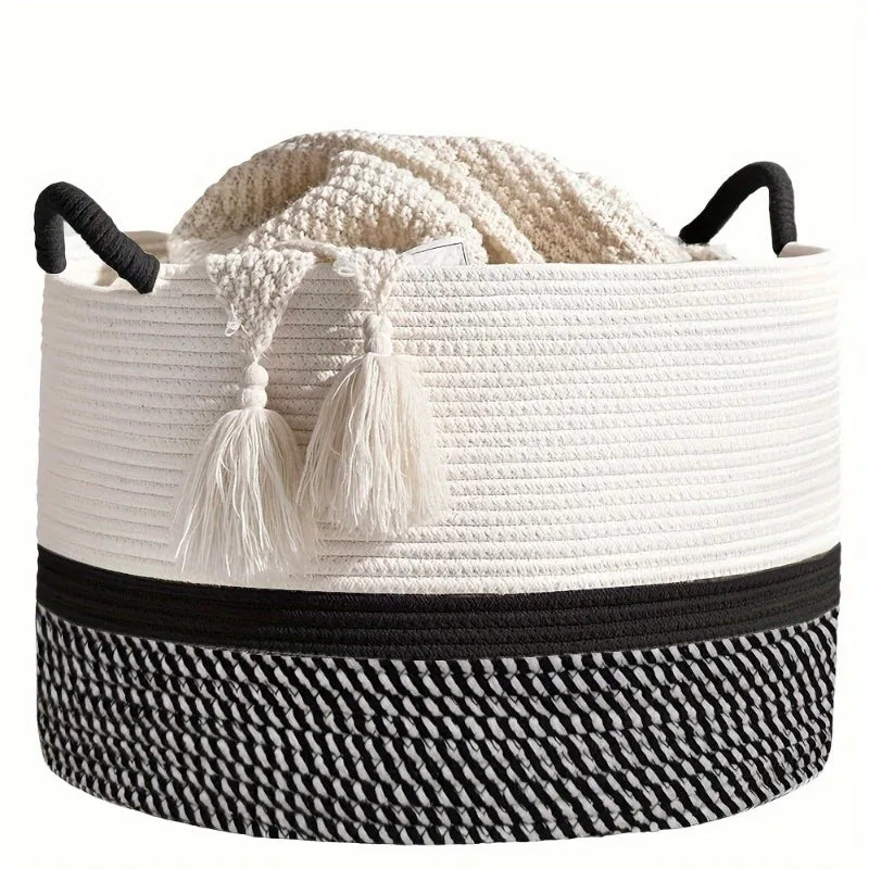 King-Size Woven Storage Basket Living Room Cotton Rope Blanket Basket Household Wicker Laundry Basket Storage Basket