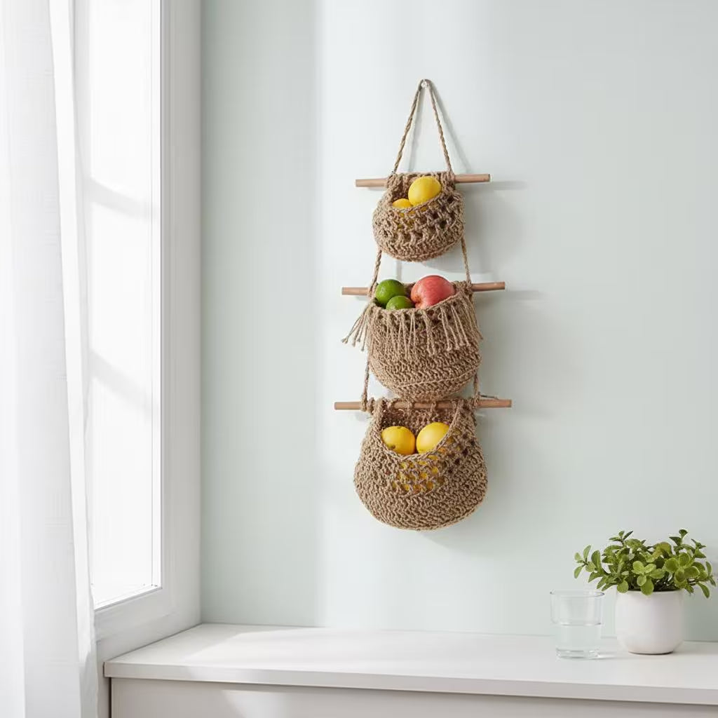 Makramee-Obstkorb-Wandbehang, 3-Tier Boho-Küchenorganisator, Hanf-Baumwollseil