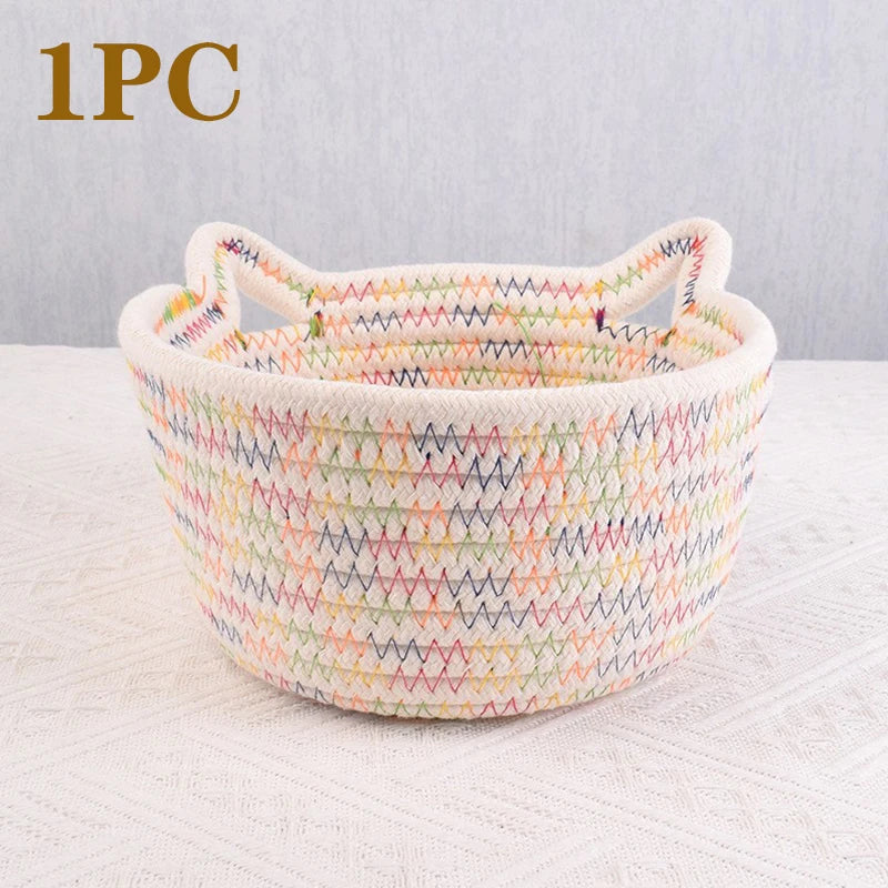Cotton Thread Basket Woven Basket Storage Basket Desktop Storage Home Storage Suppliescat Ears round Storage Basket