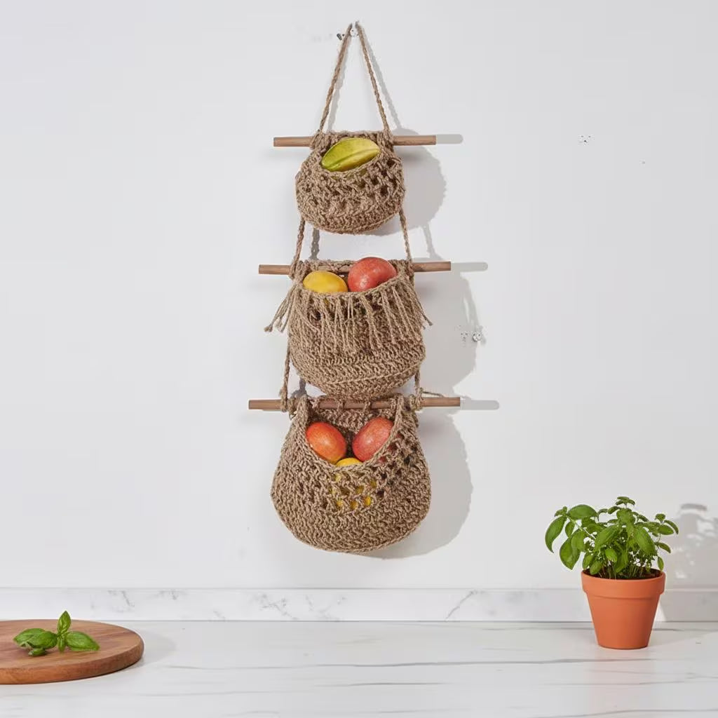 Makramee-Obstkorb-Wandbehang, 3-Tier Boho-Küchenorganisator, Hanf-Baumwollseil