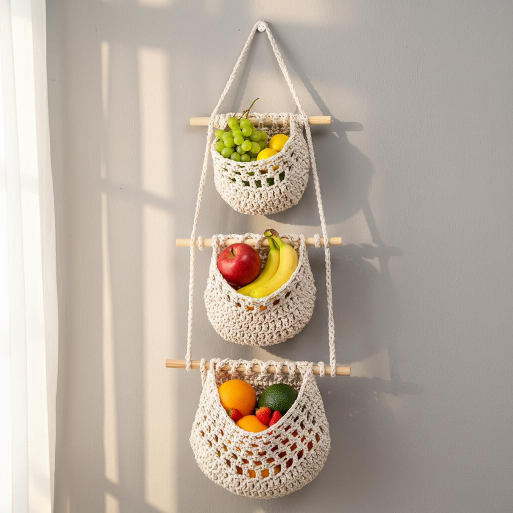 Makramee-Obstkorb-Wandbehang, 3-Tier Boho-Küchenorganisator, Hanf-Baumwollseil