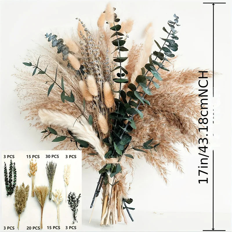 80PCS Natural Dried Flowers Bouquet Pampas Grass Bunny Tail Grass Boho Home Wedding Decor Reeds Eucalyptus Floral Arrangement
