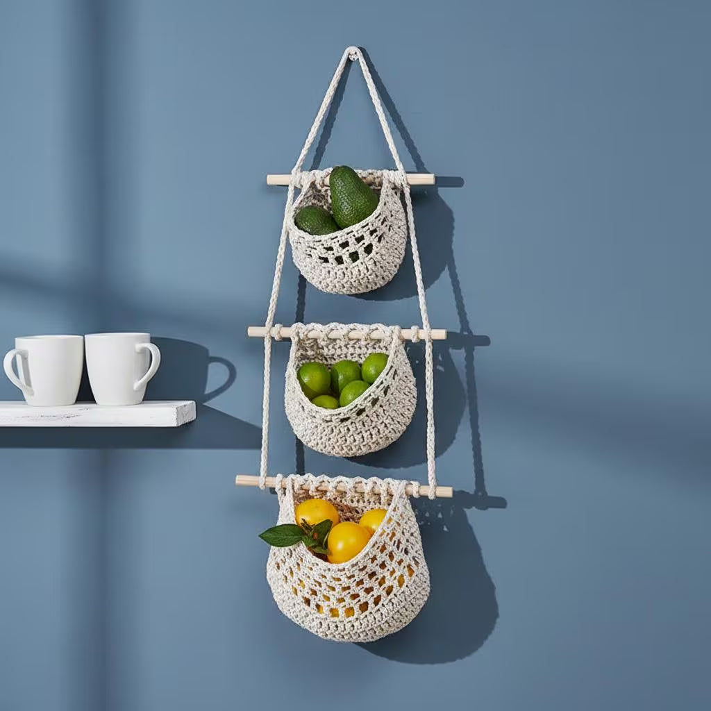 Makramee-Obstkorb-Wandbehang, 3-Tier Boho-Küchenorganisator, Hanf-Baumwollseil