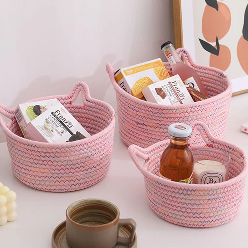 Cotton Thread Basket Woven Basket Storage Basket Desktop Storage Home Storage Suppliescat Ears round Storage Basket