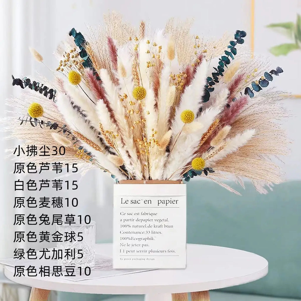 80PCS Natural Dried Flowers Bouquet Pampas Grass Bunny Tail Grass Boho Home Wedding Decor Reeds Eucalyptus Floral Arrangement