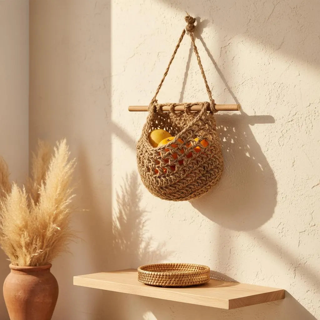 Makramee-Obstkorb-Wandbehang, 3-Tier Boho-Küchenorganisator, Hanf-Baumwollseil