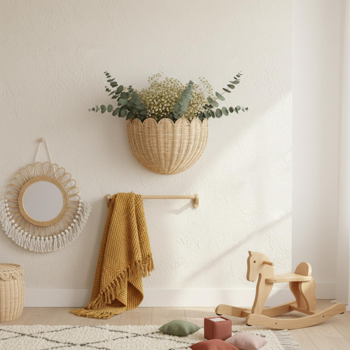 Handgeflochtener Wandkorb Aus Rattan, Individuelle Aufbewahrungsmöglichkeit Im Boho-Stil Fürs Kinderzimmer