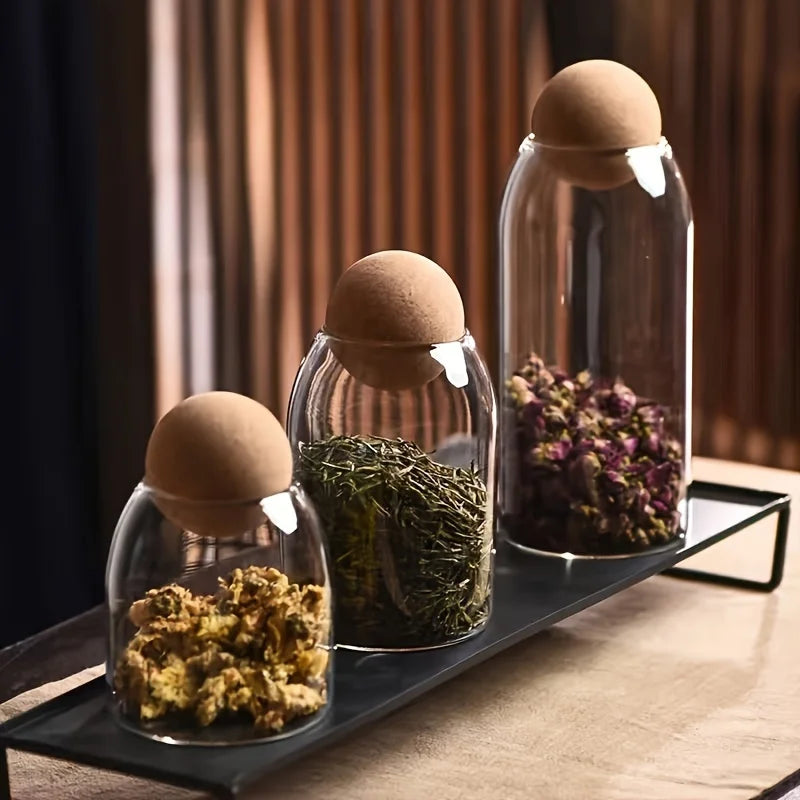 3Pcs/Set Glass Storage Jar with Ball Cork Lid, Clear Glass Canisters with Cork Ball, Cute Decorative round Glass Bottles with Ai