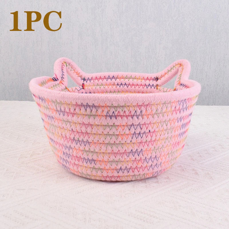 Cotton Thread Basket Woven Basket Storage Basket Desktop Storage Home Storage Suppliescat Ears round Storage Basket