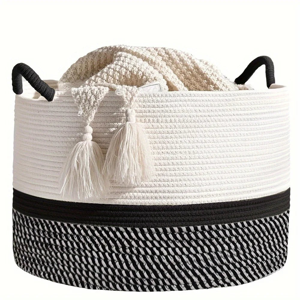 King-Size Woven Storage Basket Living Room Cotton Rope Blanket Basket Household Wicker Laundry Basket Storage Basket