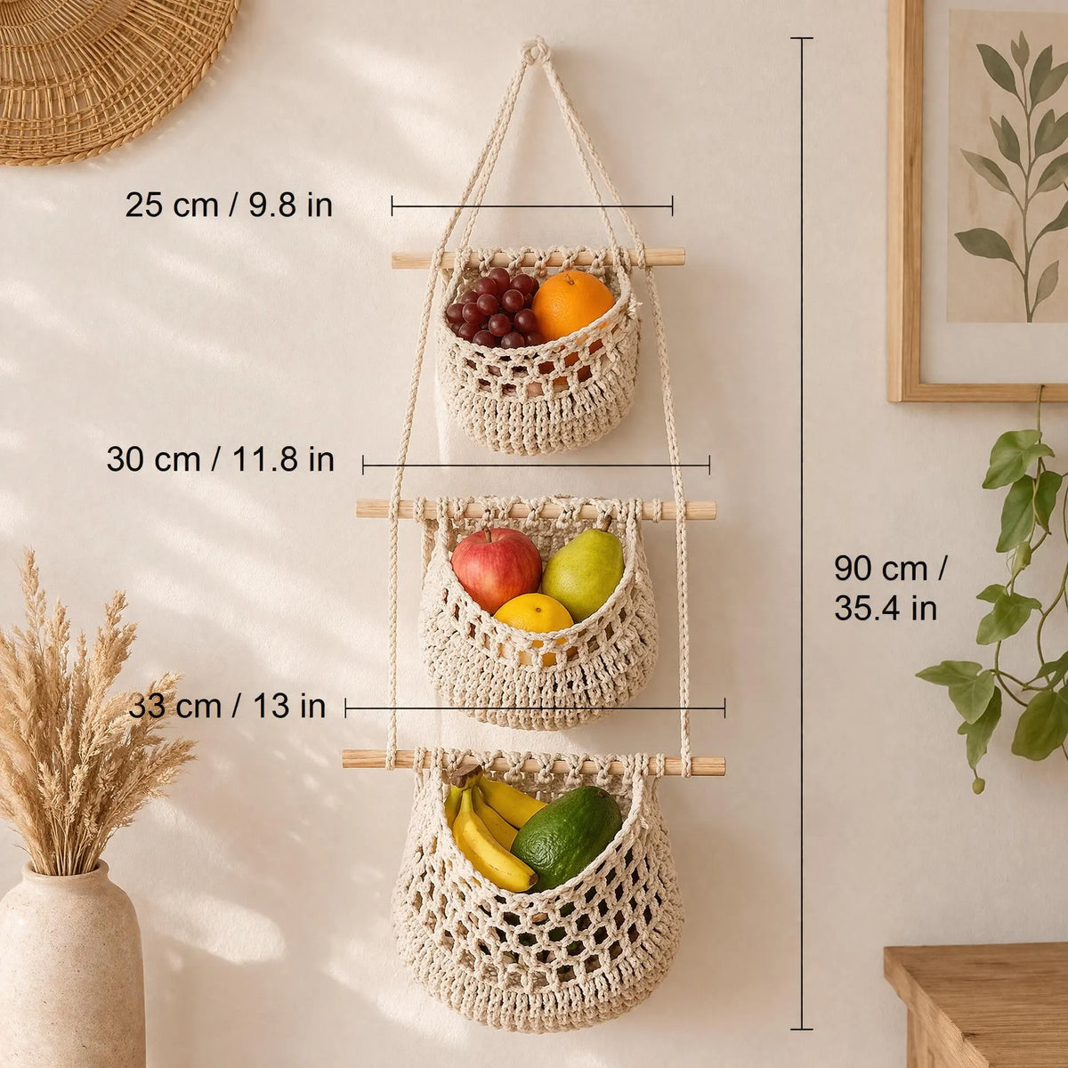 Makramee-Obstkorb-Wandbehang, 3-Tier Boho-Küchenorganisator, Hanf-Baumwollseil