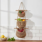 Makramee-Obstkorb-Wandbehang, 3-Tier Boho-Küchenorganisator, Hanf-Baumwollseil