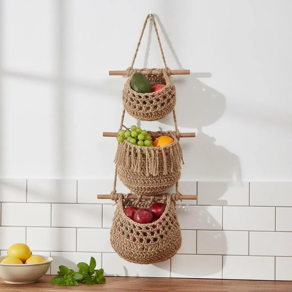 Makramee-Obstkorb-Wandbehang, 3-Tier Boho-Küchenorganisator, Hanf-Baumwollseil