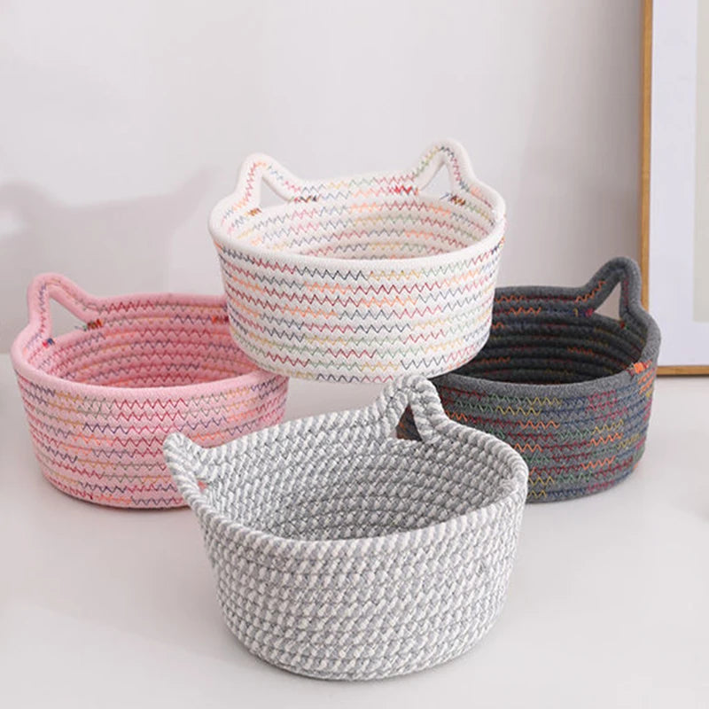 Cotton Thread Basket Woven Basket Storage Basket Desktop Storage Home Storage Suppliescat Ears round Storage Basket